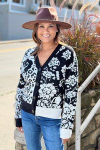 Jacquard Button Front Cardigan - Black