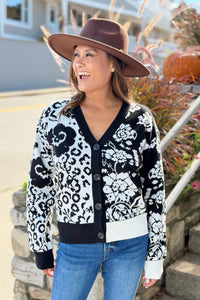 Jacquard Button Front Cardigan - Black