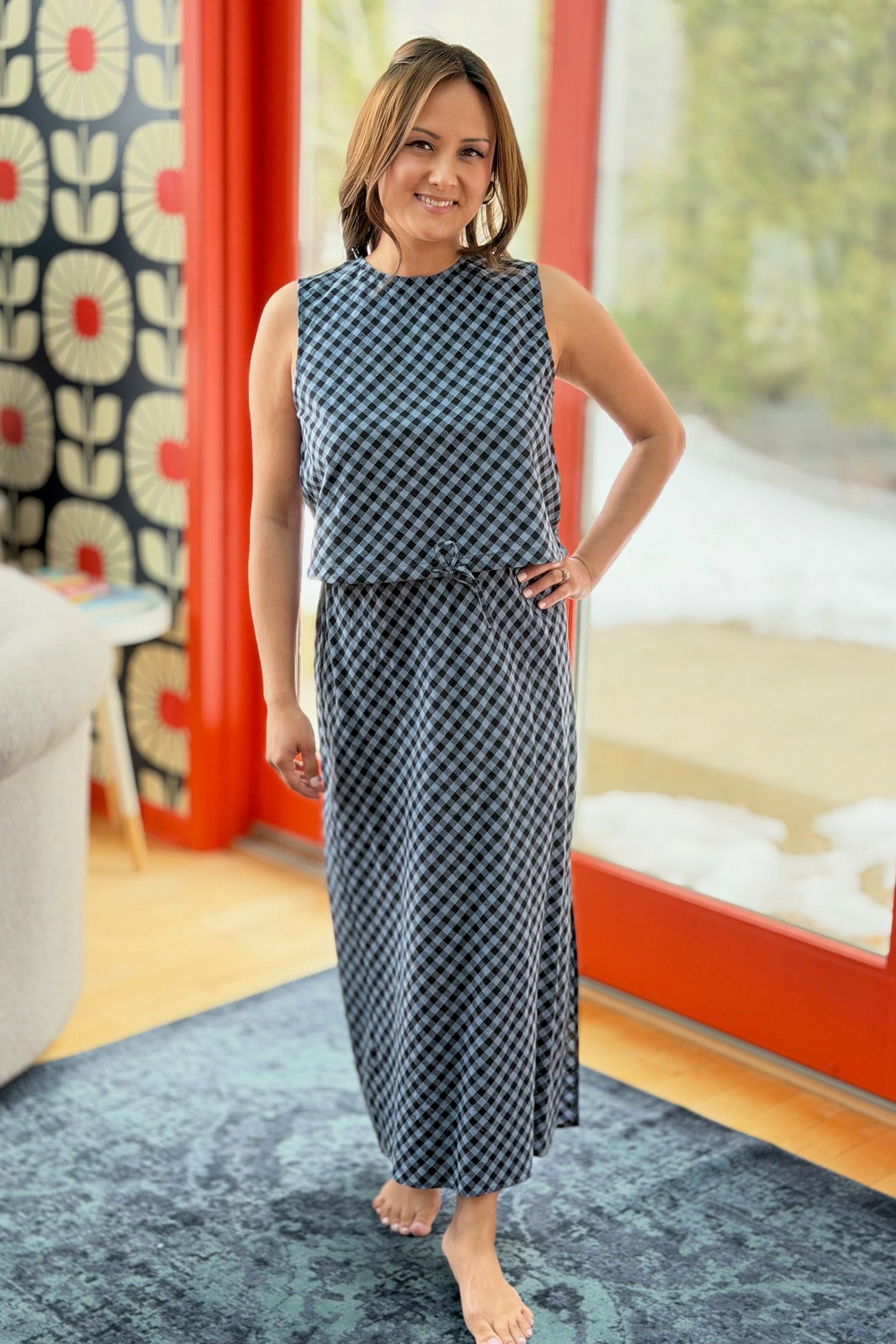Plaid Elastic Waist Skirt - Blue