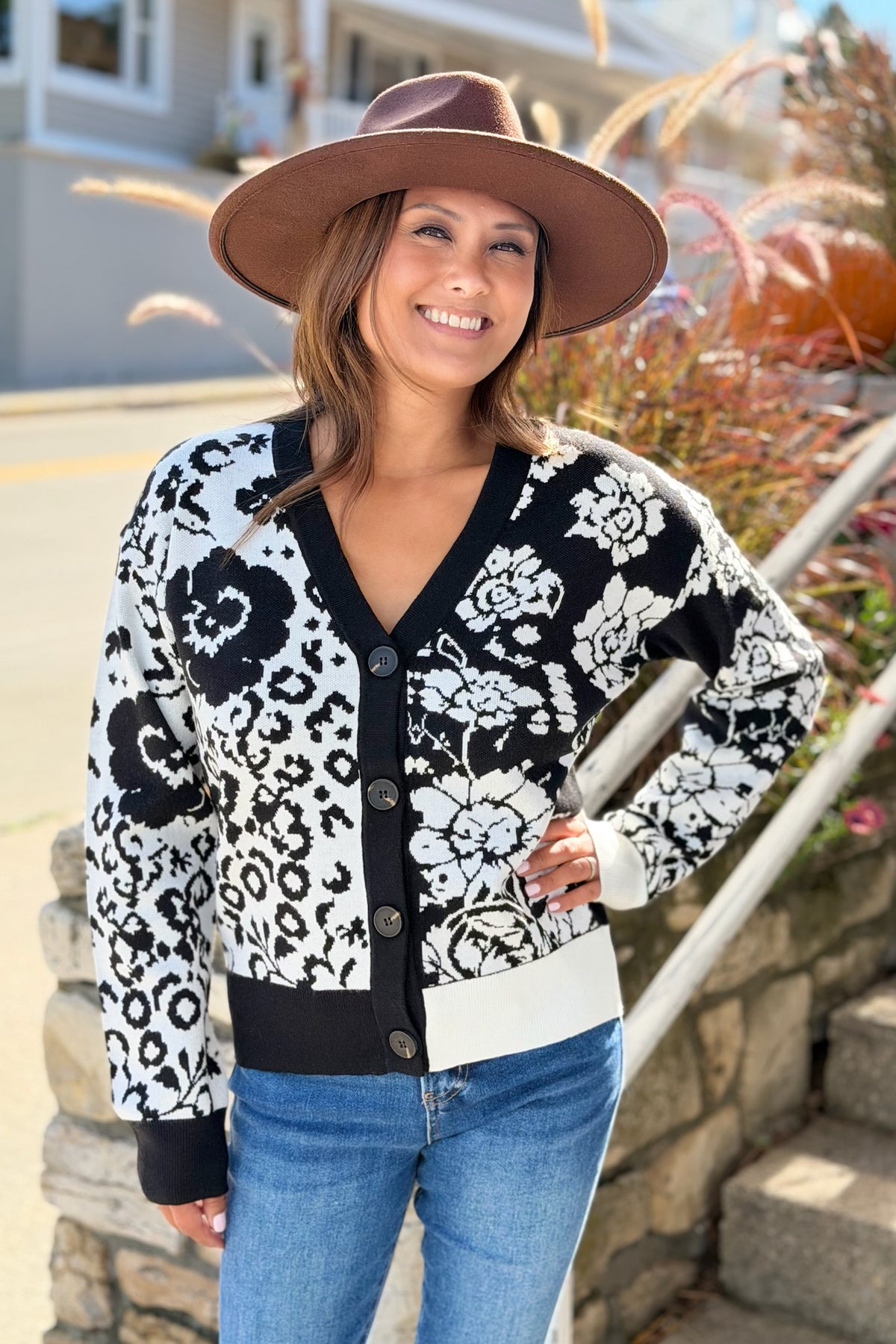 Jacquard Button Front Cardigan - Black