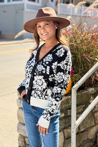 Jacquard Button Front Cardigan - Black