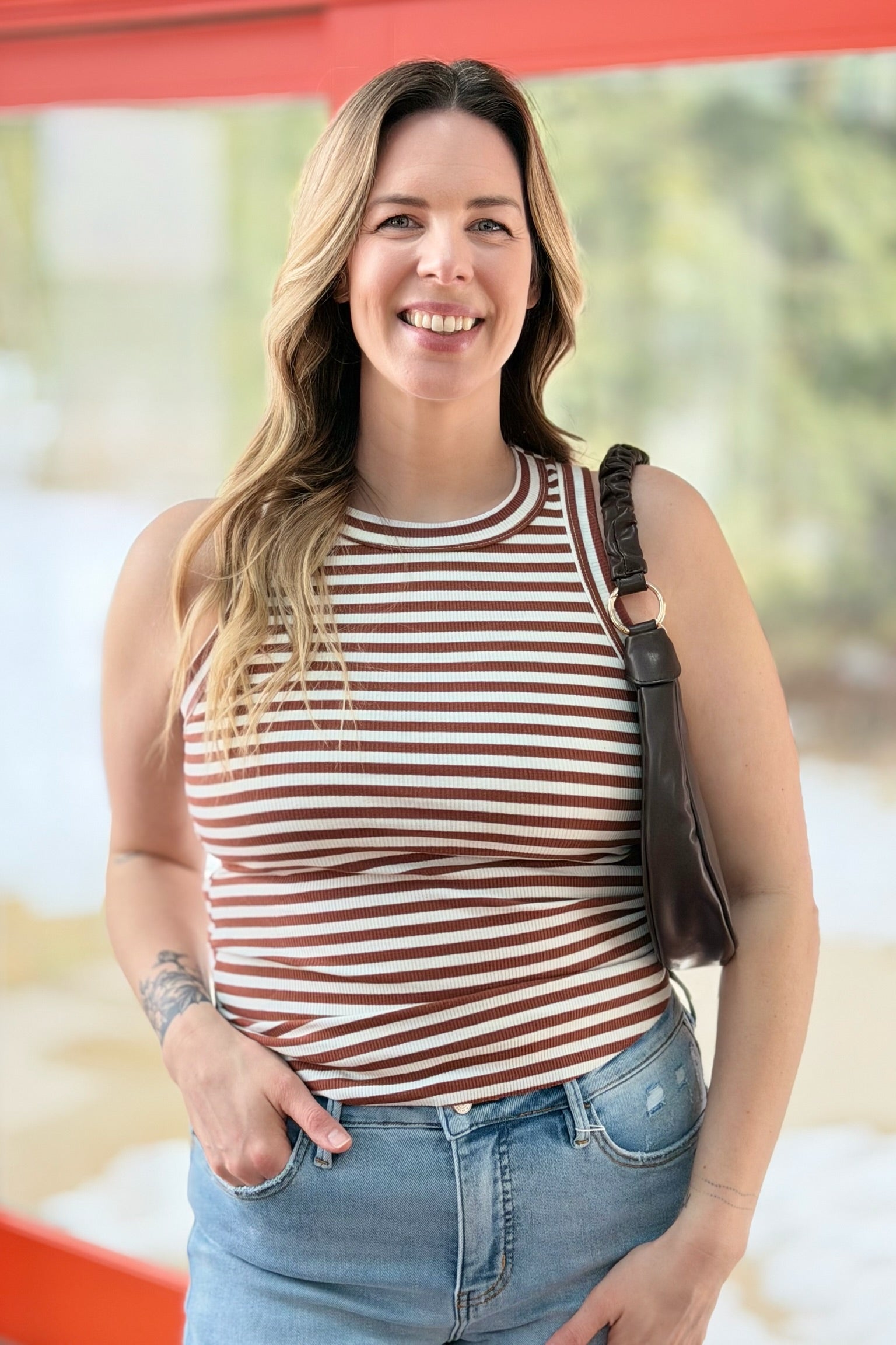 Striped Ribbed Racerback Tank - Brick
