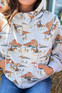 Western Zip Up Hoodie - Grey