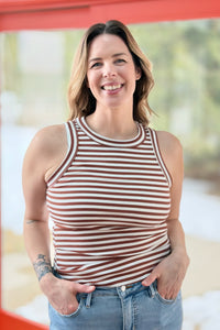 Striped Ribbed Racerback Tank - Brick