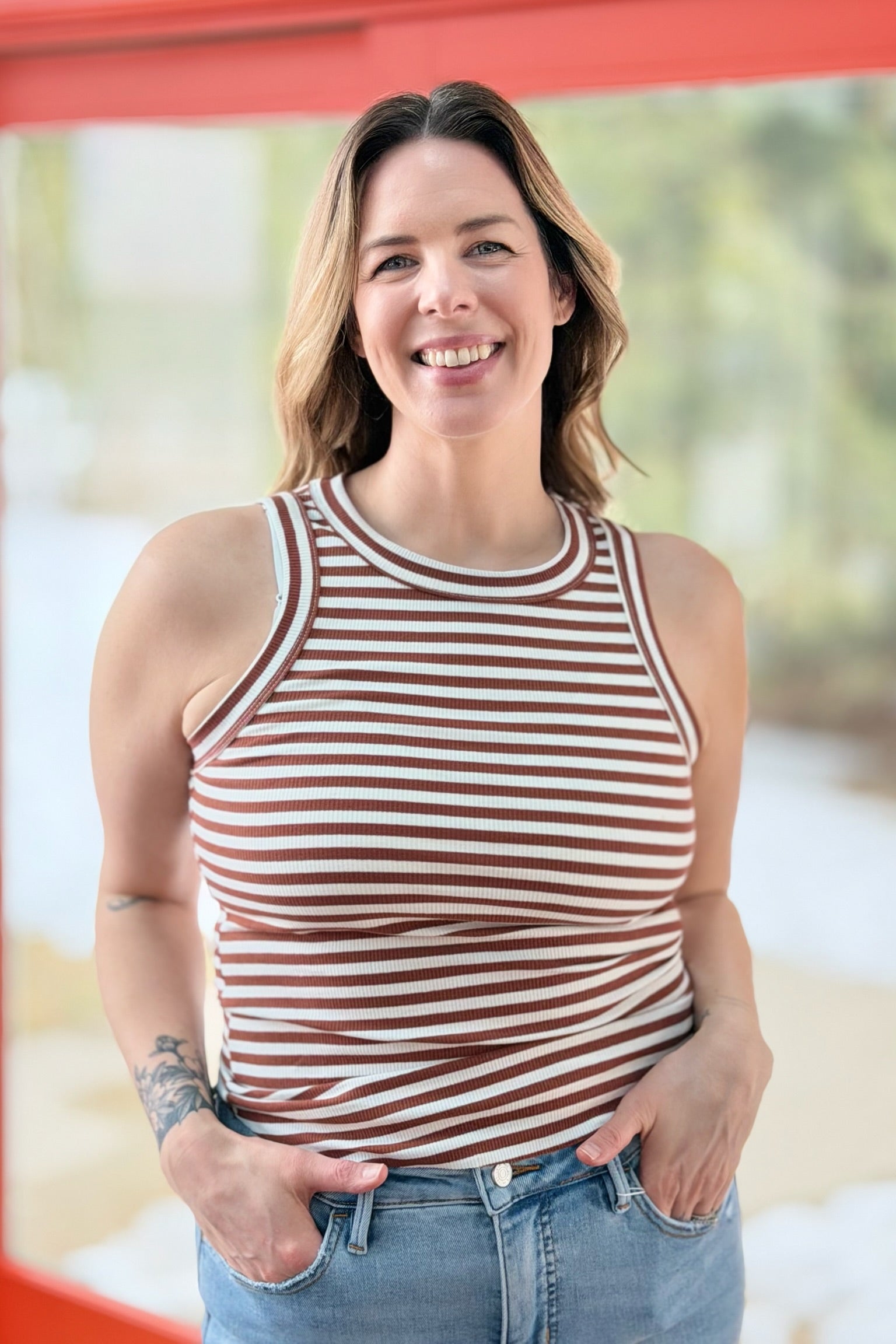 Striped Ribbed Racerback Tank - Brick