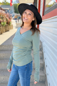 Side Shirred Crossover Top - Evergreen