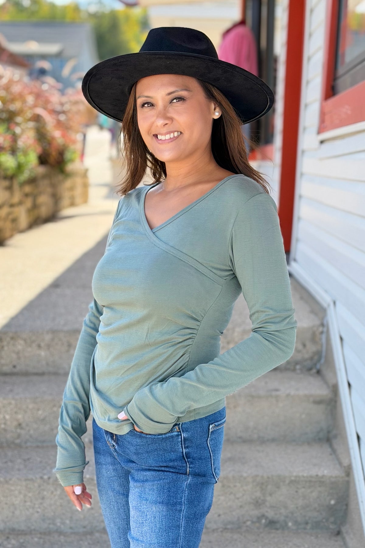 Side Shirred Crossover Top - Evergreen
