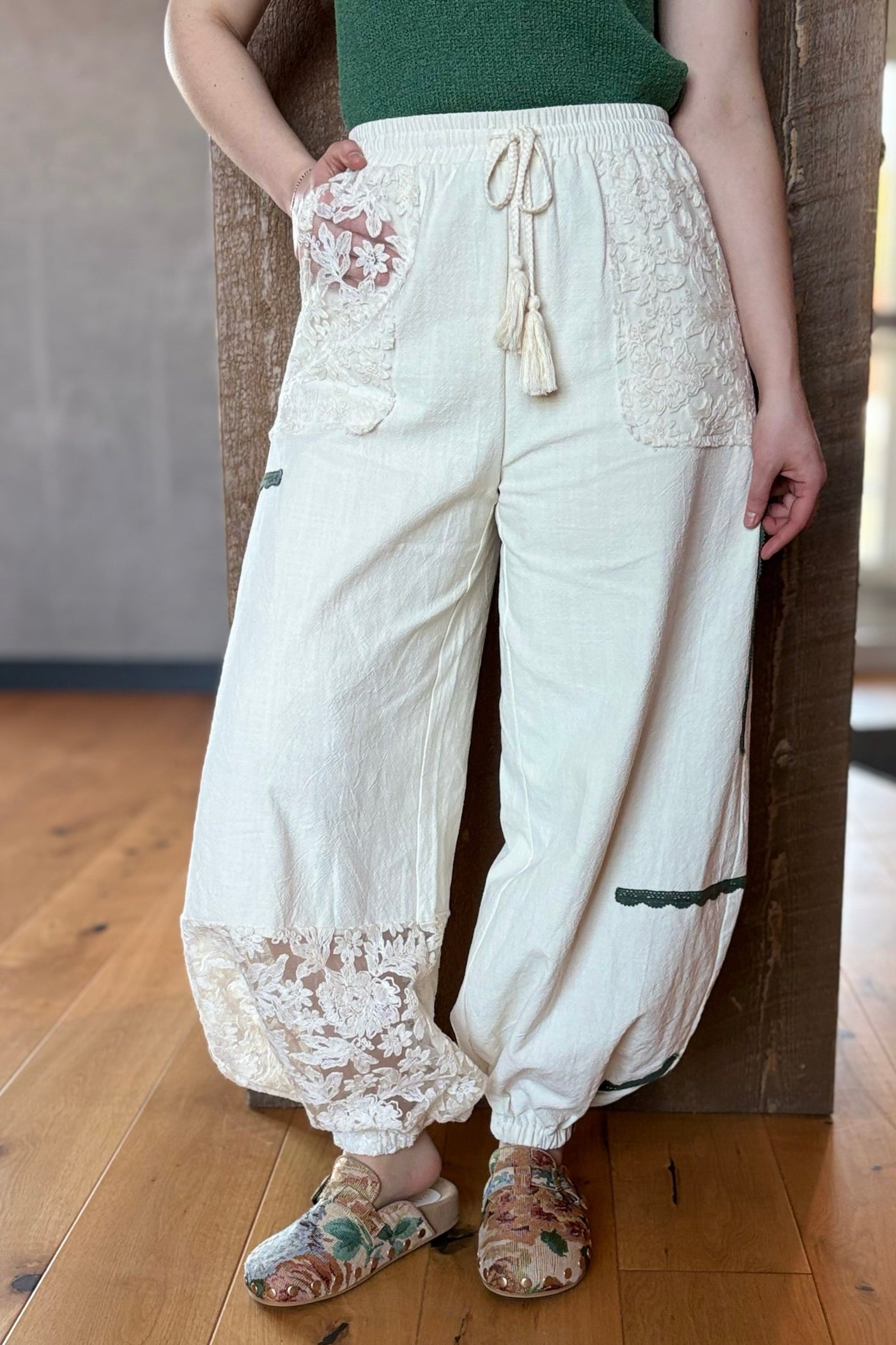 Lace Accents Patchwork Crochet Joggers