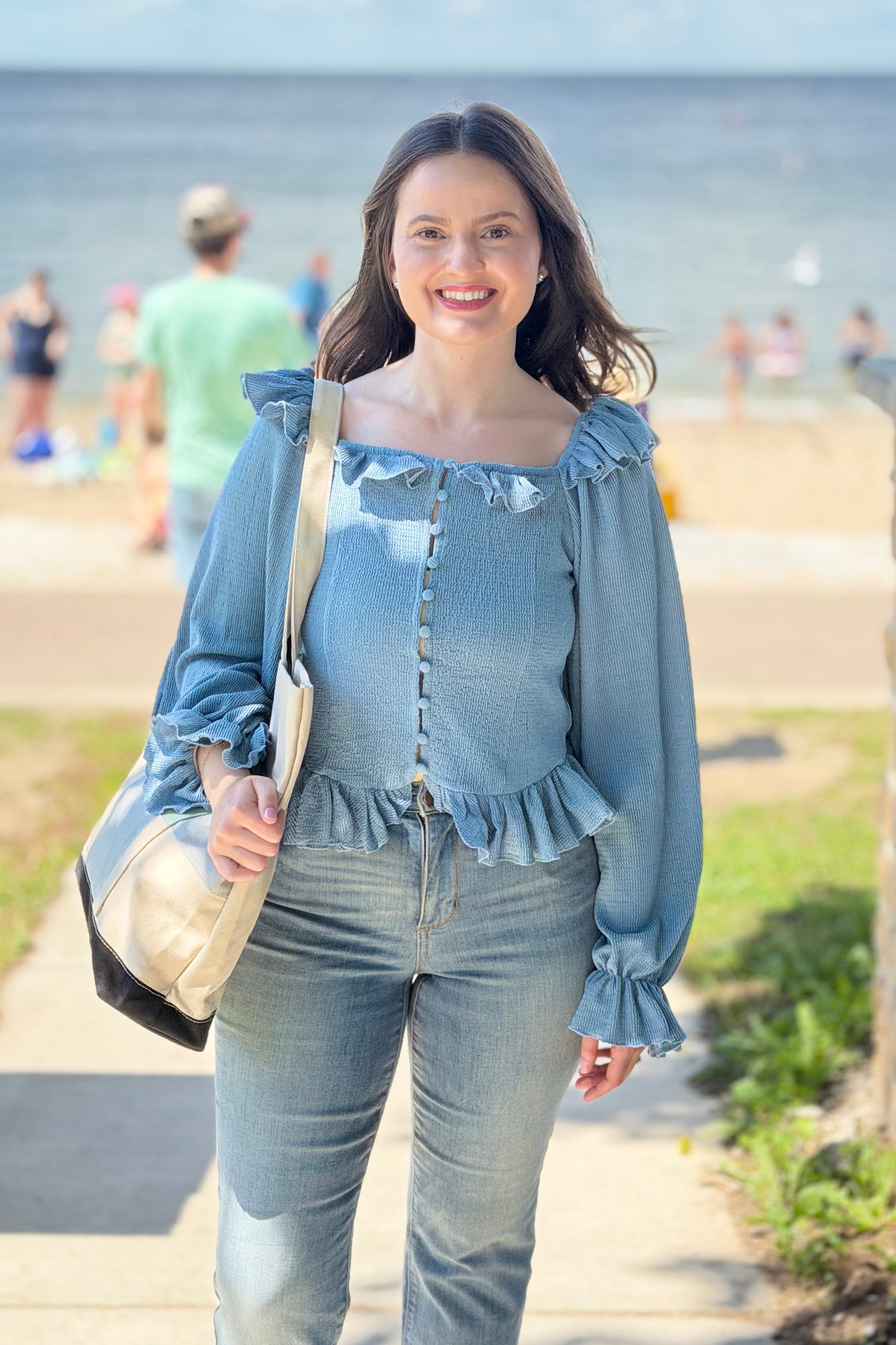 Chic Ruffle-Trimmed Top - Light Blue
