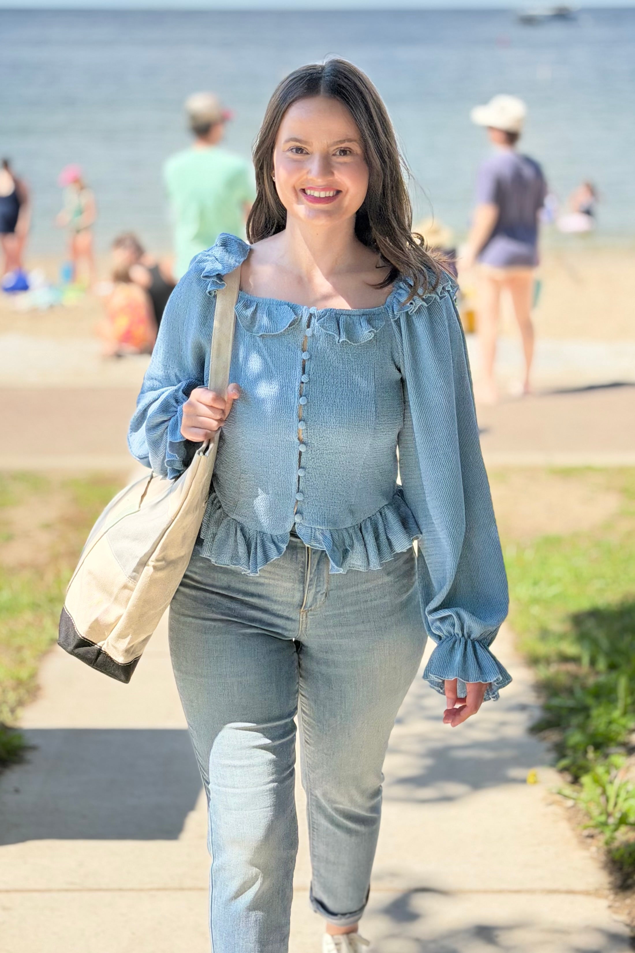 Chic Ruffle-Trimmed Top - Light Blue