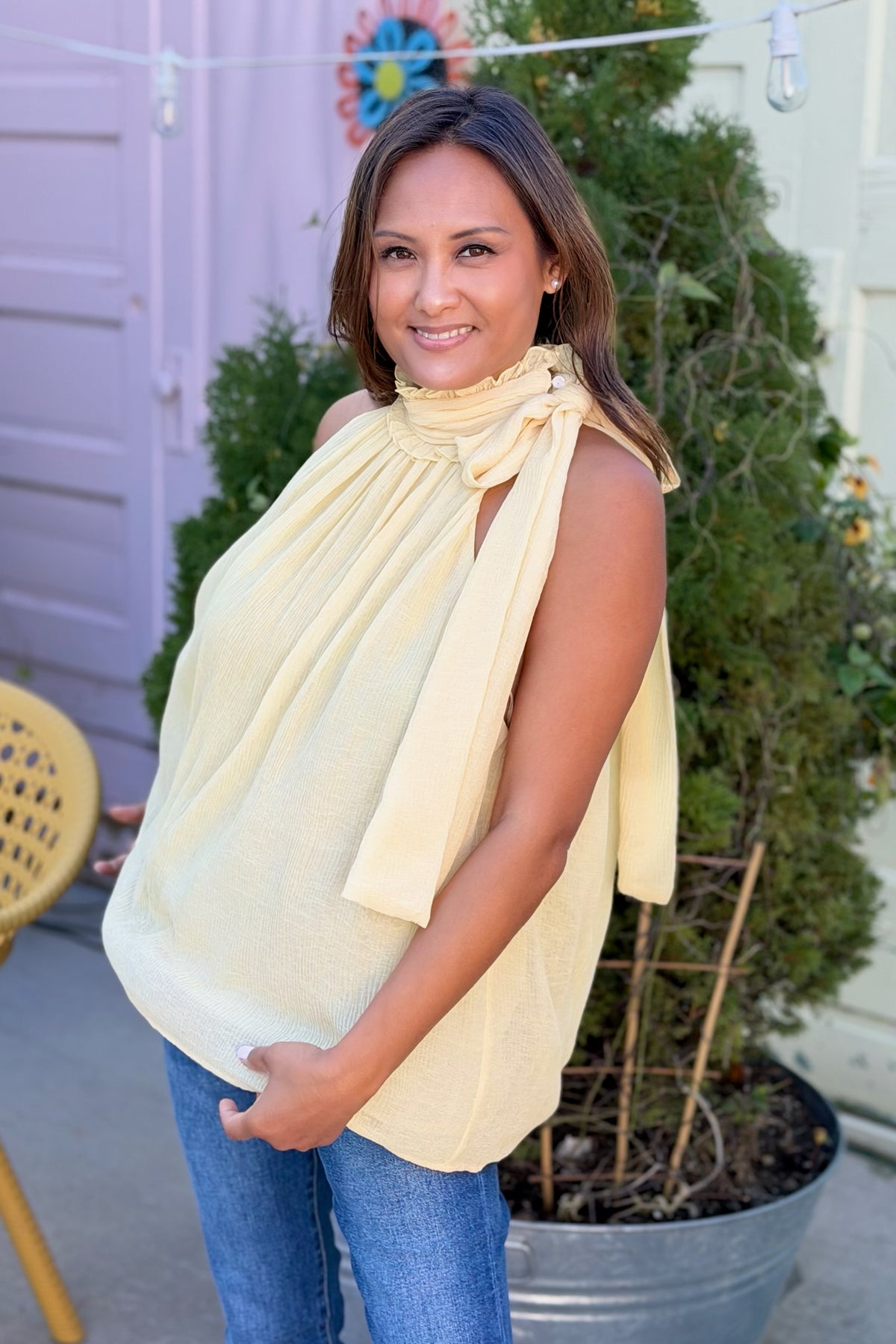 Halter Tie Sleeveless Chiffon Top - Lemon