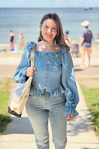 Chic Ruffle-Trimmed Top - Light Blue