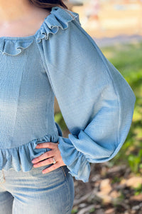 Chic Ruffle-Trimmed Top - Light Blue
