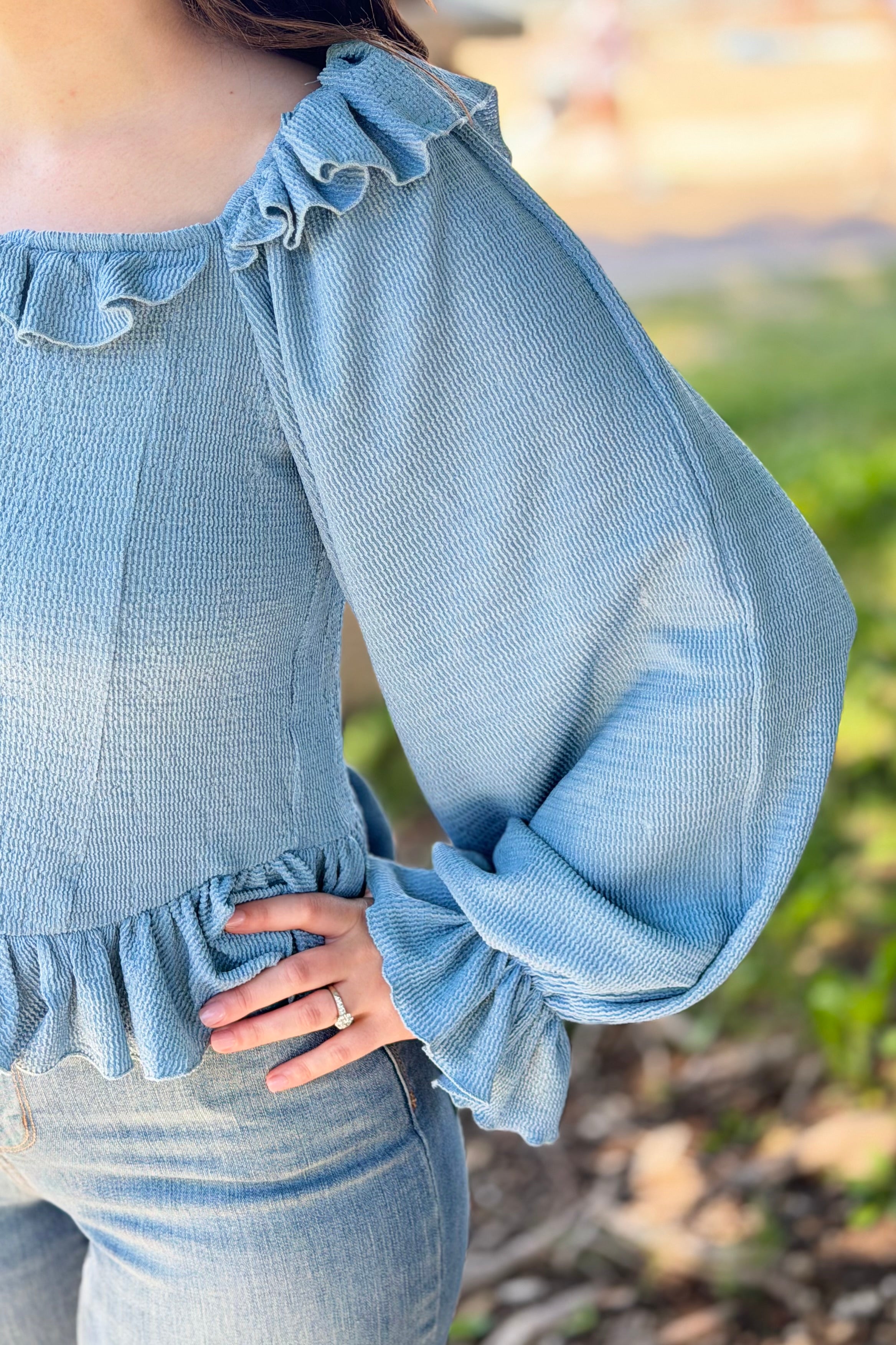 Chic Ruffle-Trimmed Top - Light Blue