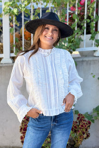 Ruffle Lace Button Top - White