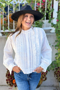 Ruffle Lace Button Top - White