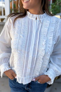 Ruffle Lace Button Top - White