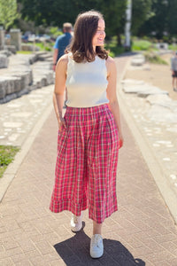 Plaid Wide Leg Pants - Fuchsia