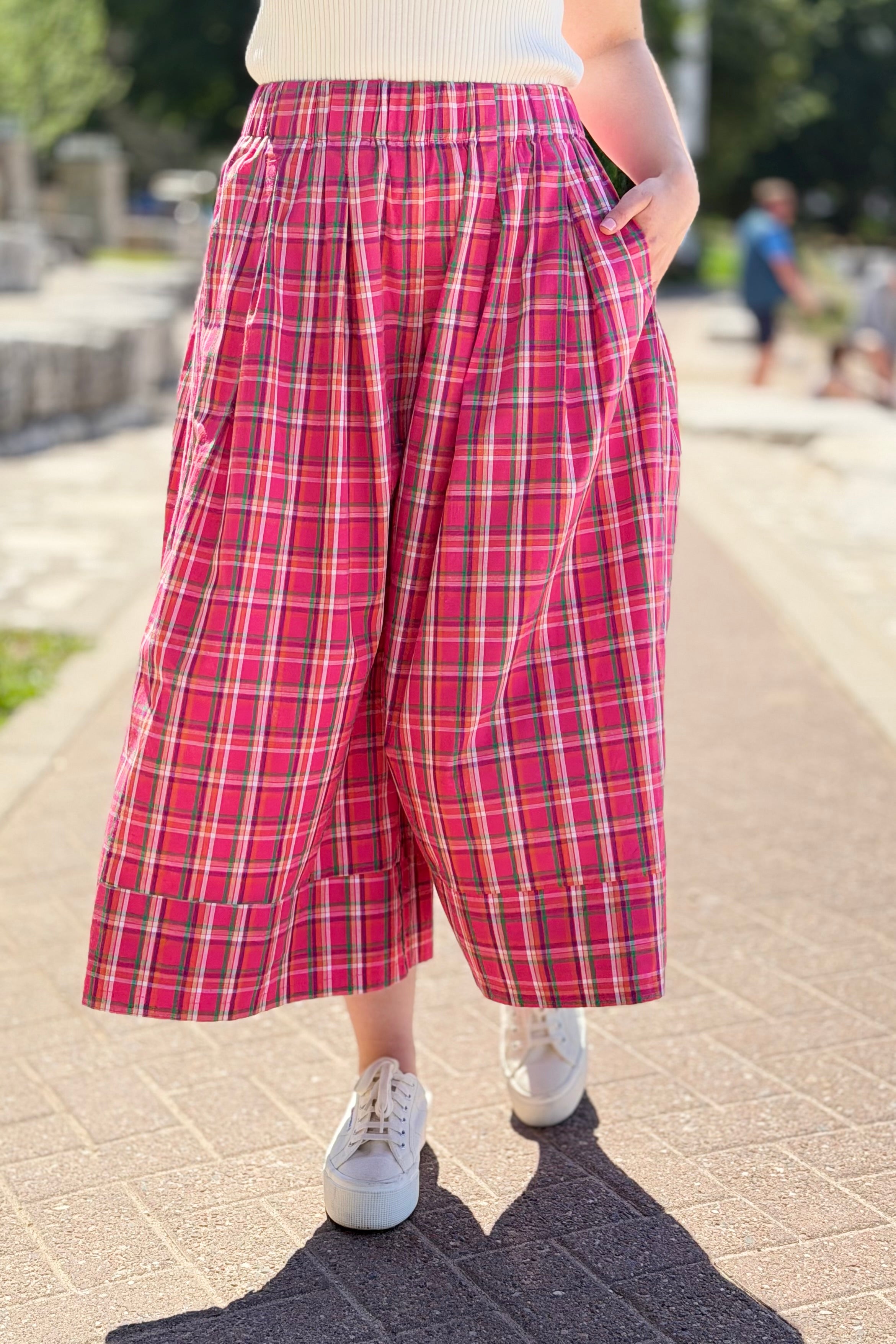 Plaid Wide Leg Pants - Fuchsia