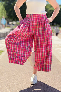 Plaid Wide Leg Pants - Fuchsia