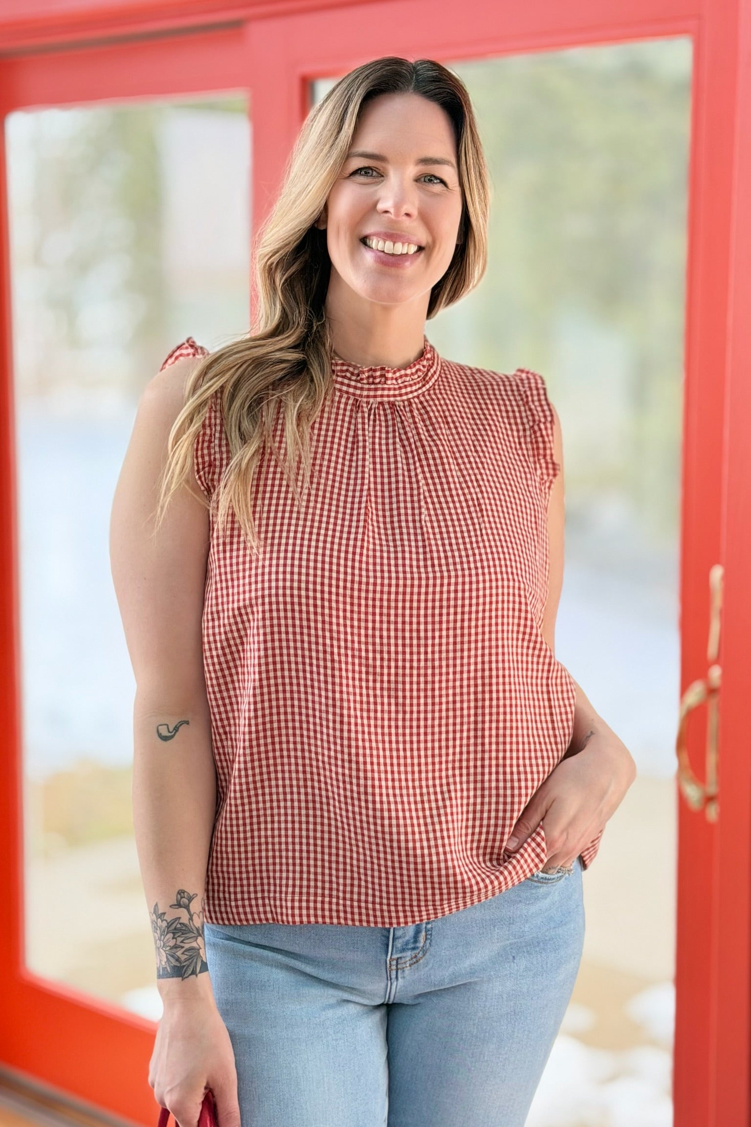 Ruffled Trim Sleeveless Top - Red