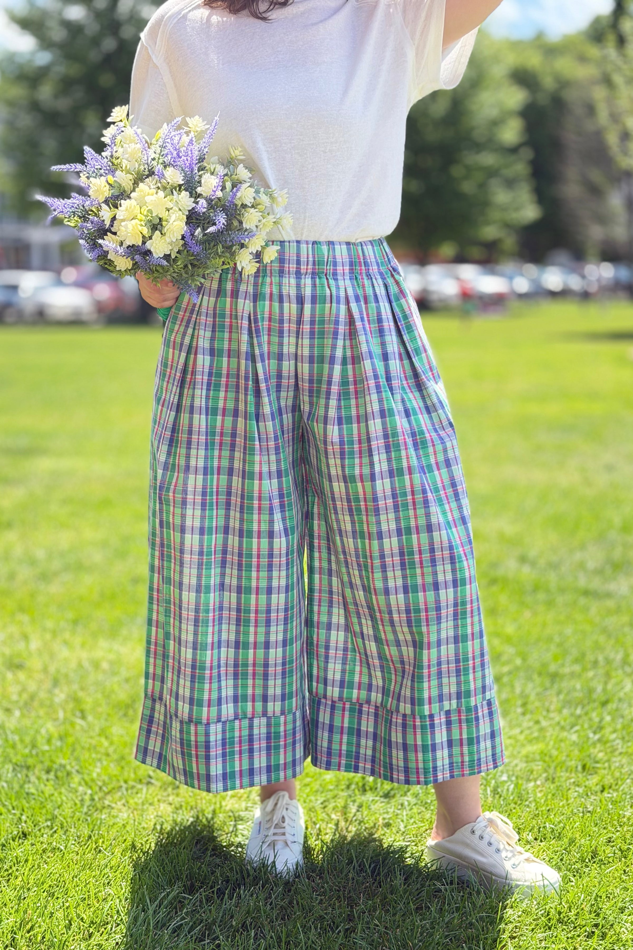 Plaid Wide Leg Pants - Green