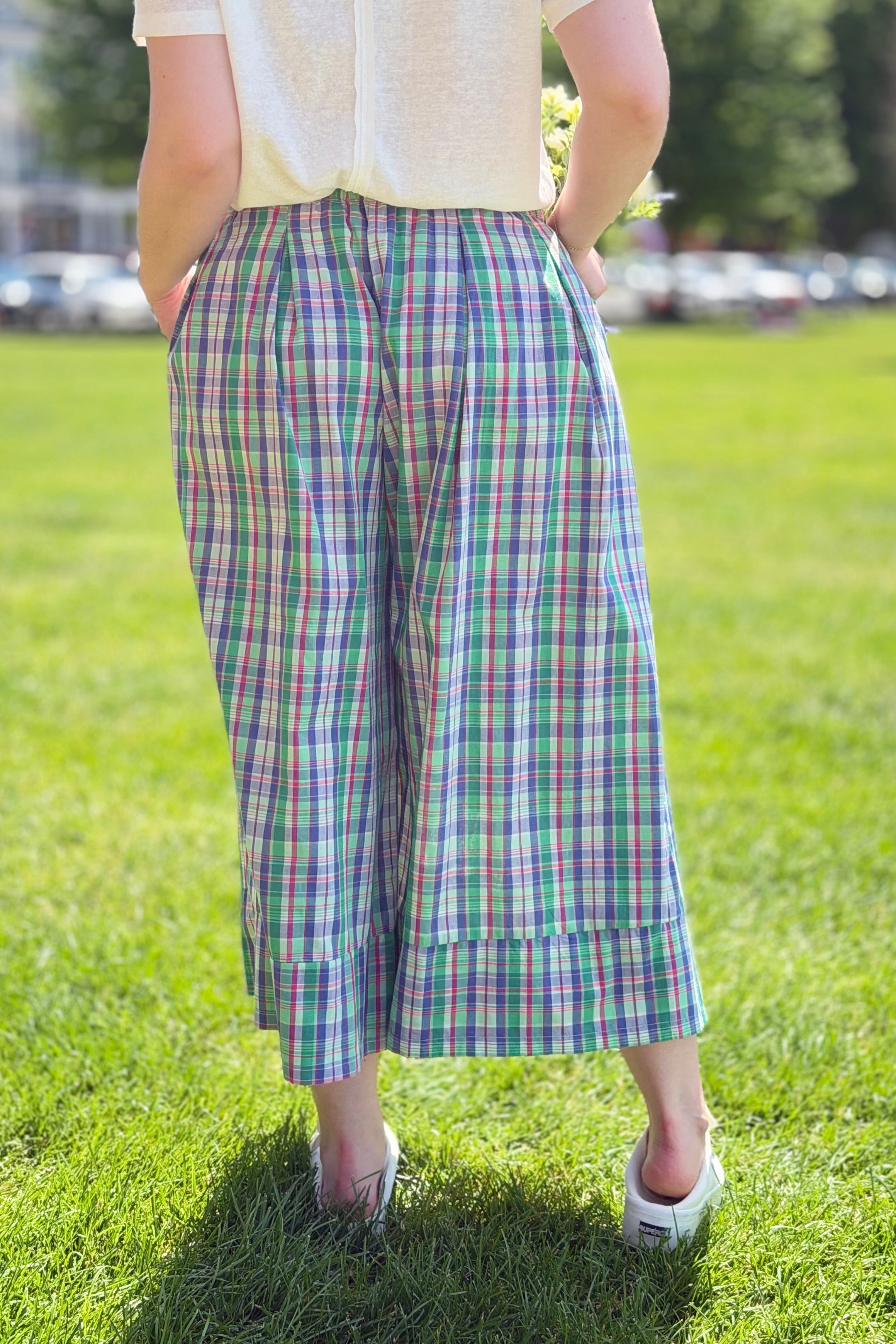 Plaid Wide Leg Pants - Green