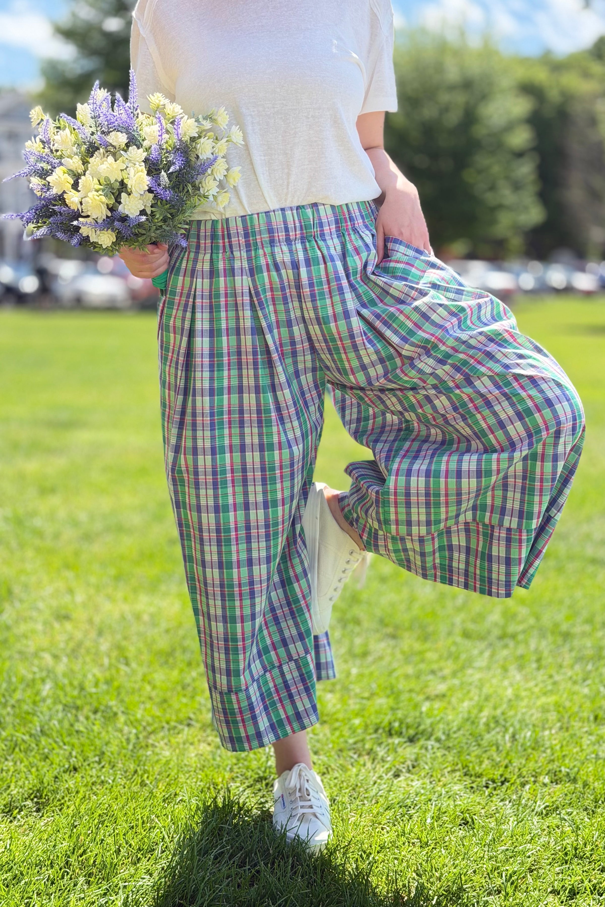 Plaid Wide Leg Pants - Green