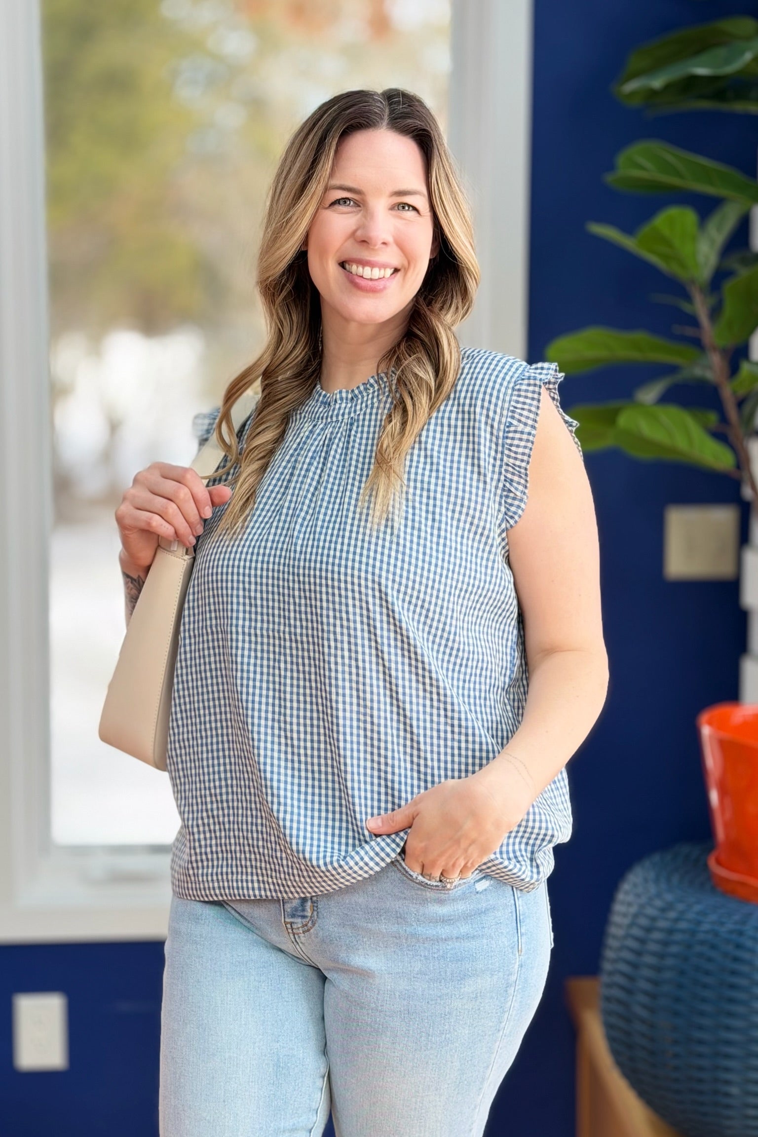 Ruffled Trim Sleeveless Top - Blue