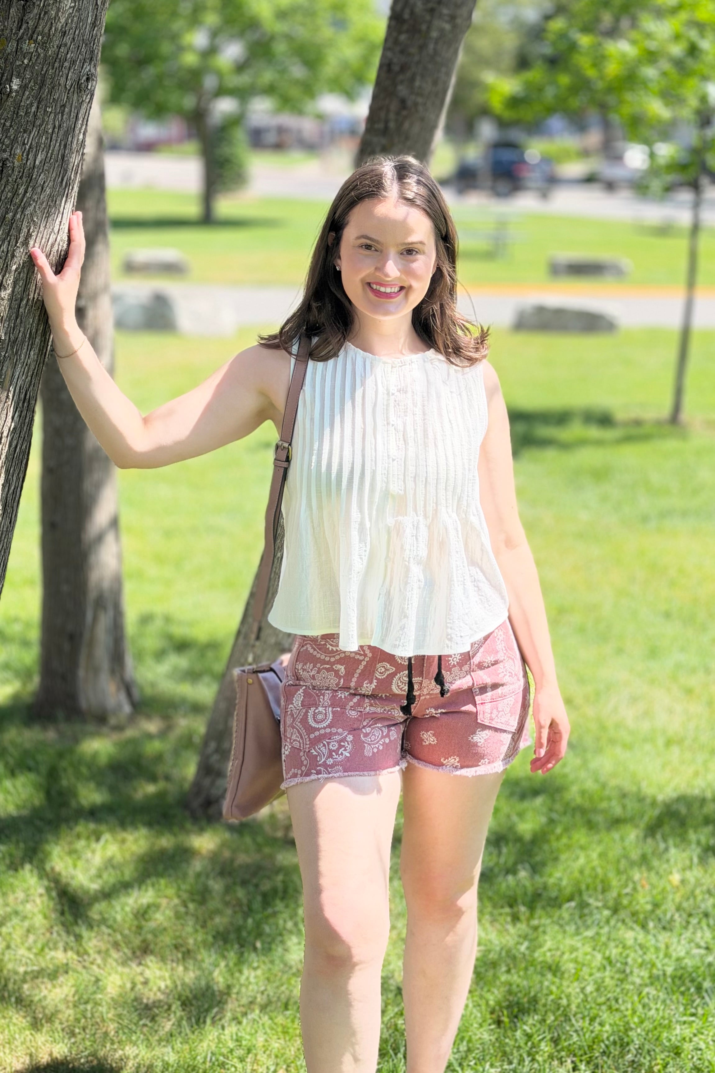 Printed Denim Shorts - Mauve