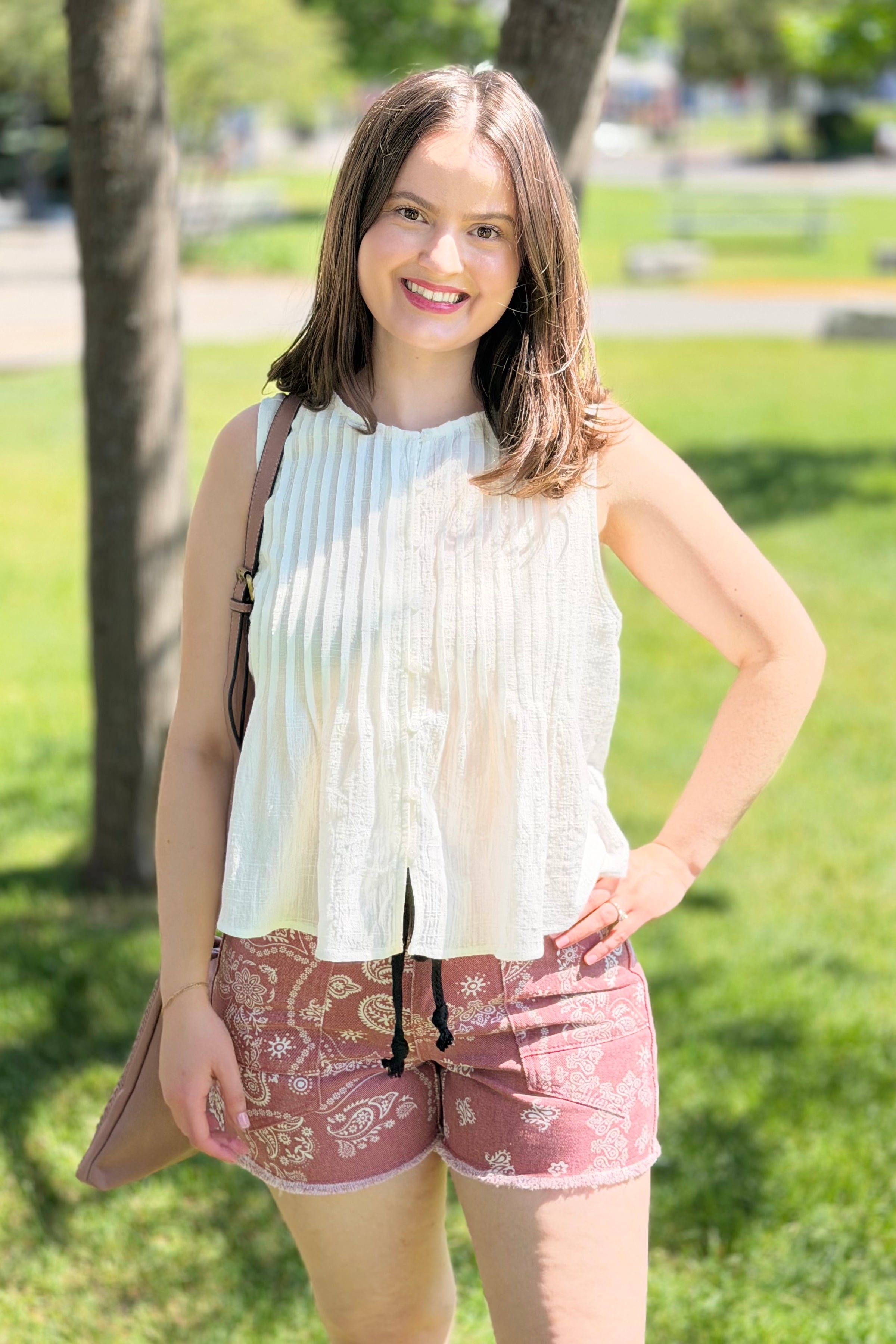 Pleated Button Tank Top - White