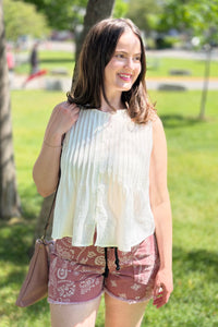 Pleated Button Tank Top - White