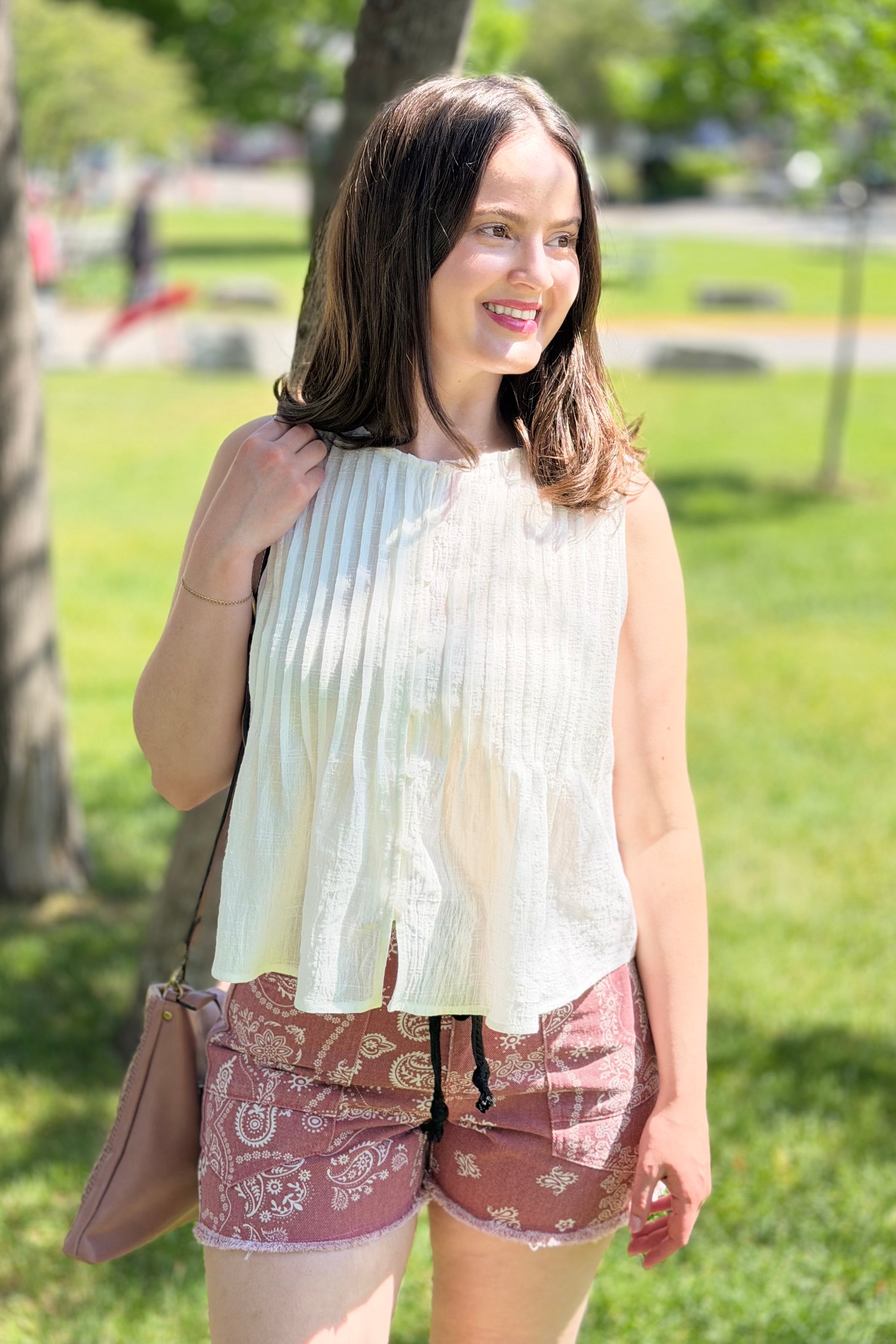 Pleated Button Tank Top - White