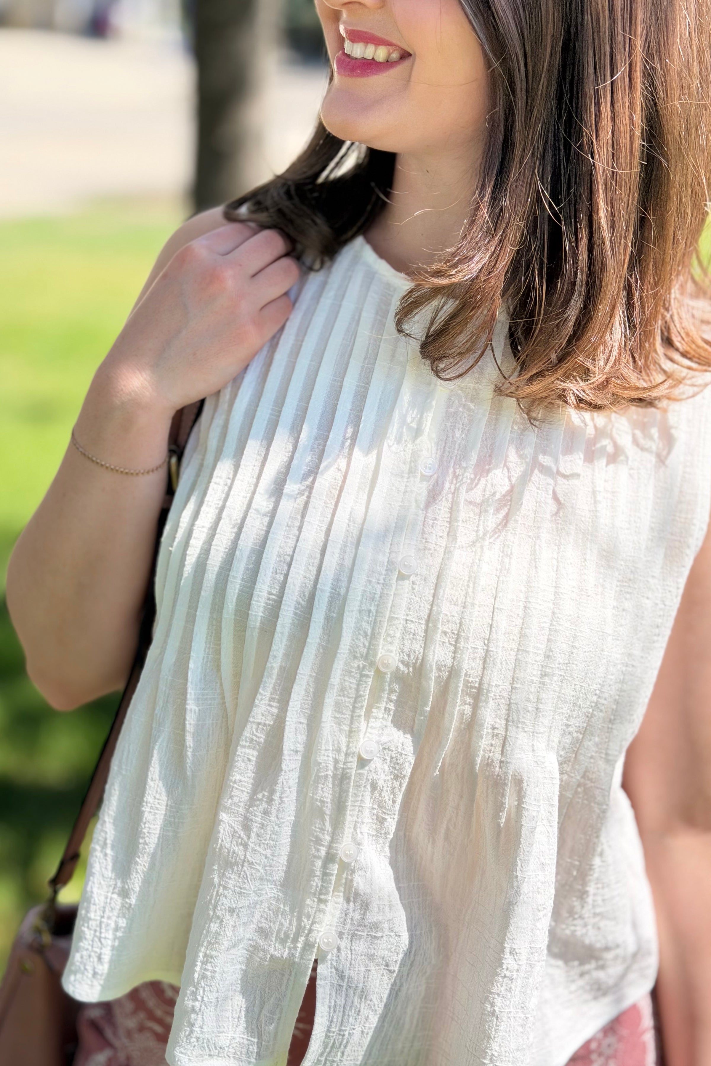 Pleated Button Tank Top - White