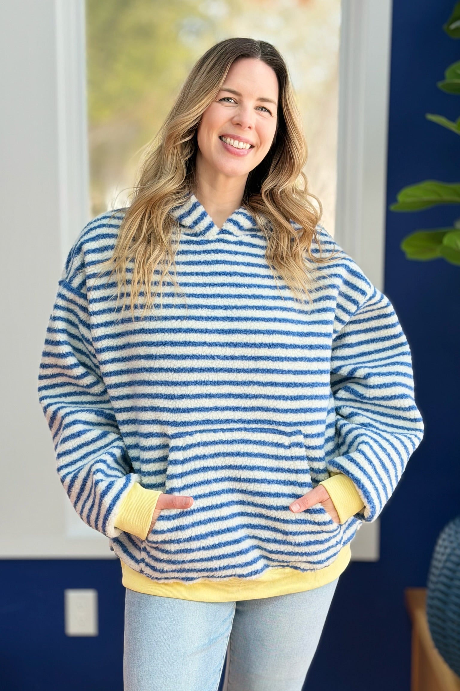 Teddy Striped Contrast Cozy Hoodie - Blue