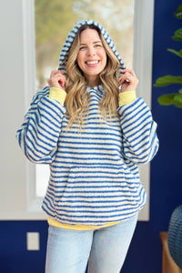 Teddy Striped Contrast Cozy Hoodie - Blue