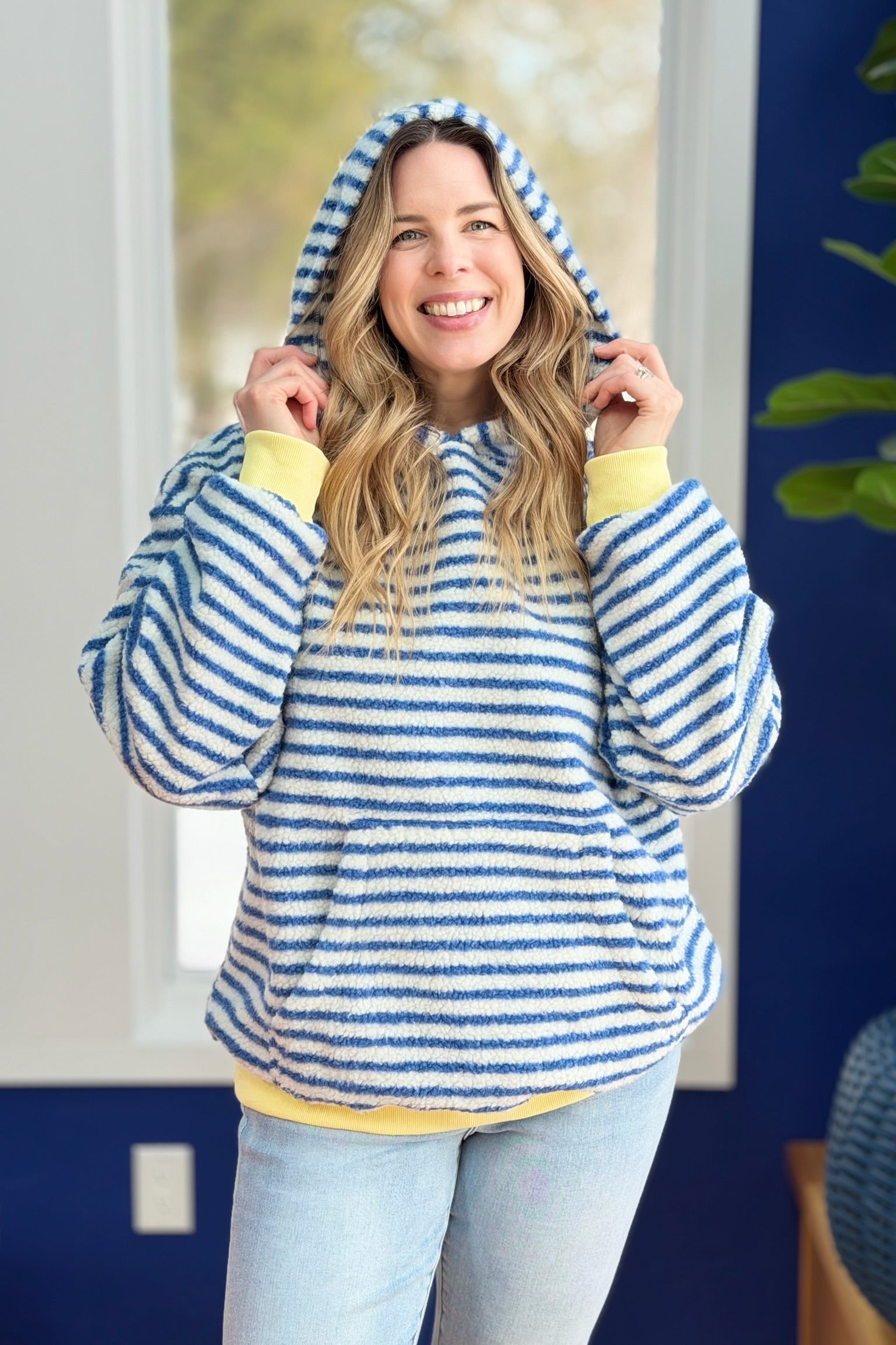 Teddy Striped Contrast Cozy Hoodie - Blue