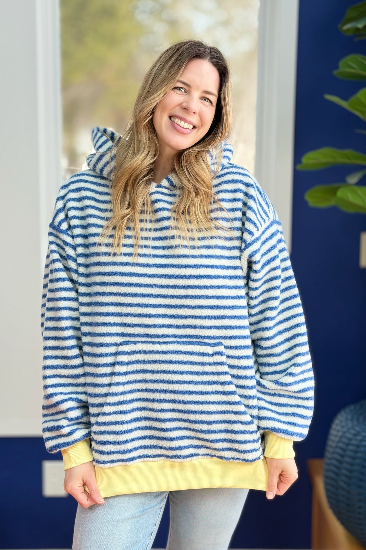 Teddy Striped Contrast Cozy Hoodie - Blue