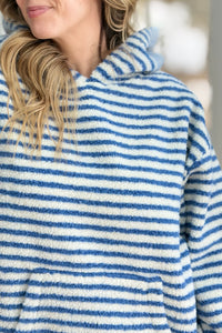 Teddy Striped Contrast Cozy Hoodie - Blue