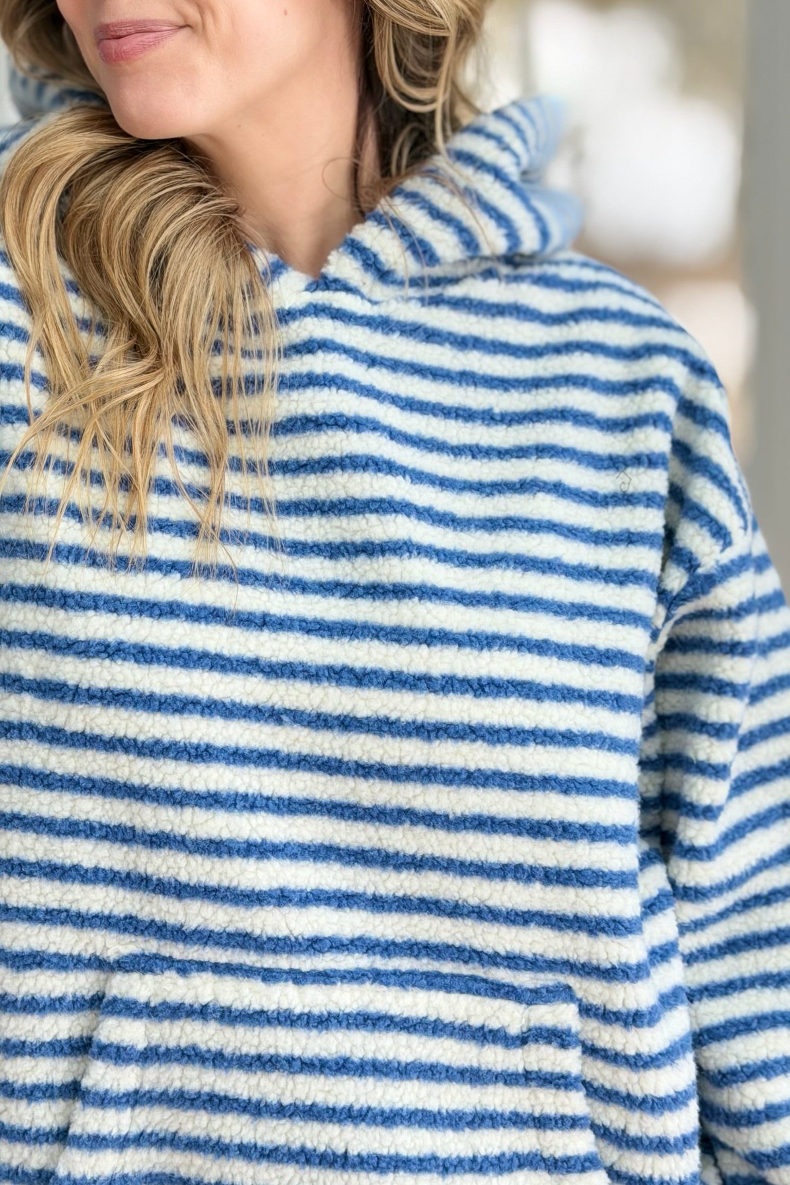 Teddy Striped Contrast Cozy Hoodie - Blue