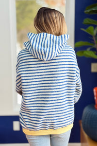 Teddy Striped Contrast Cozy Hoodie - Blue