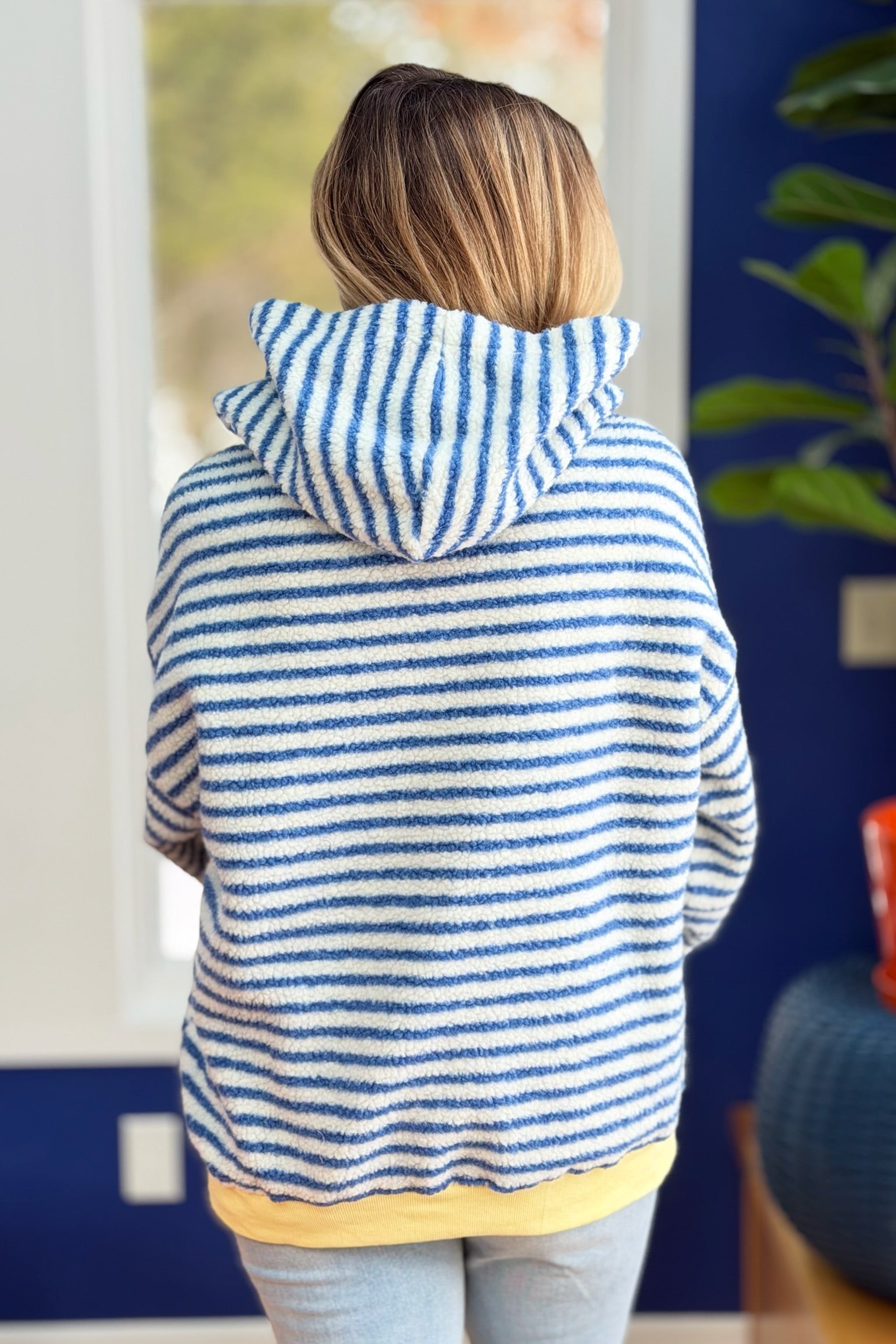 Teddy Striped Contrast Cozy Hoodie - Blue