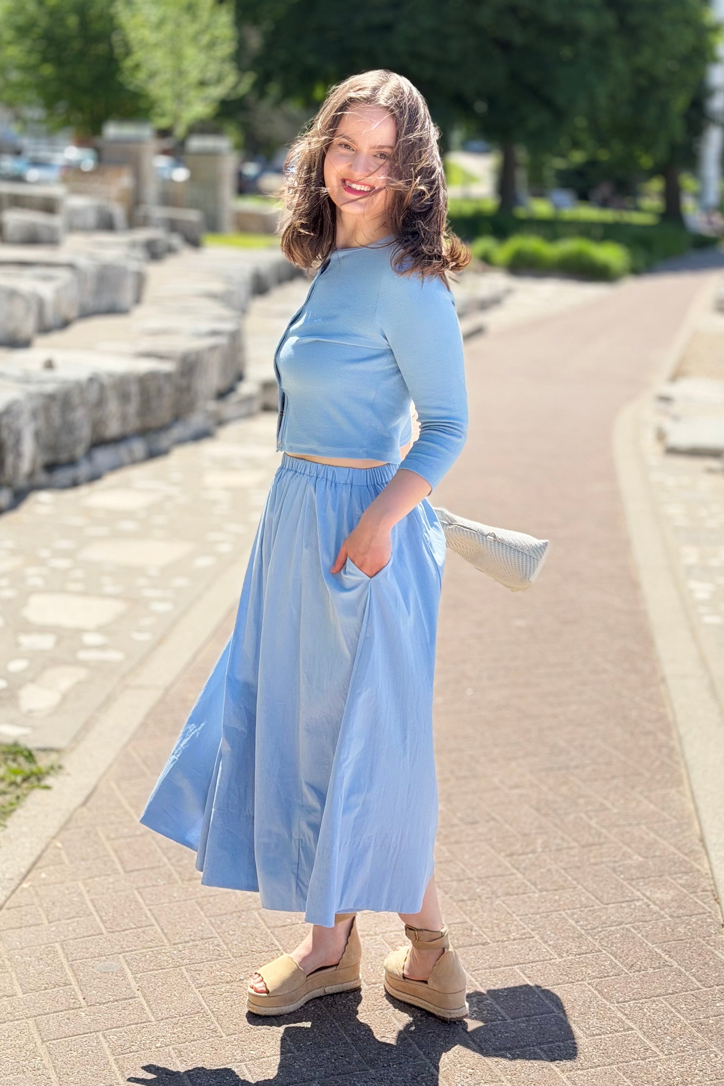Elastic Waist Midi Skirt - Seabreeze