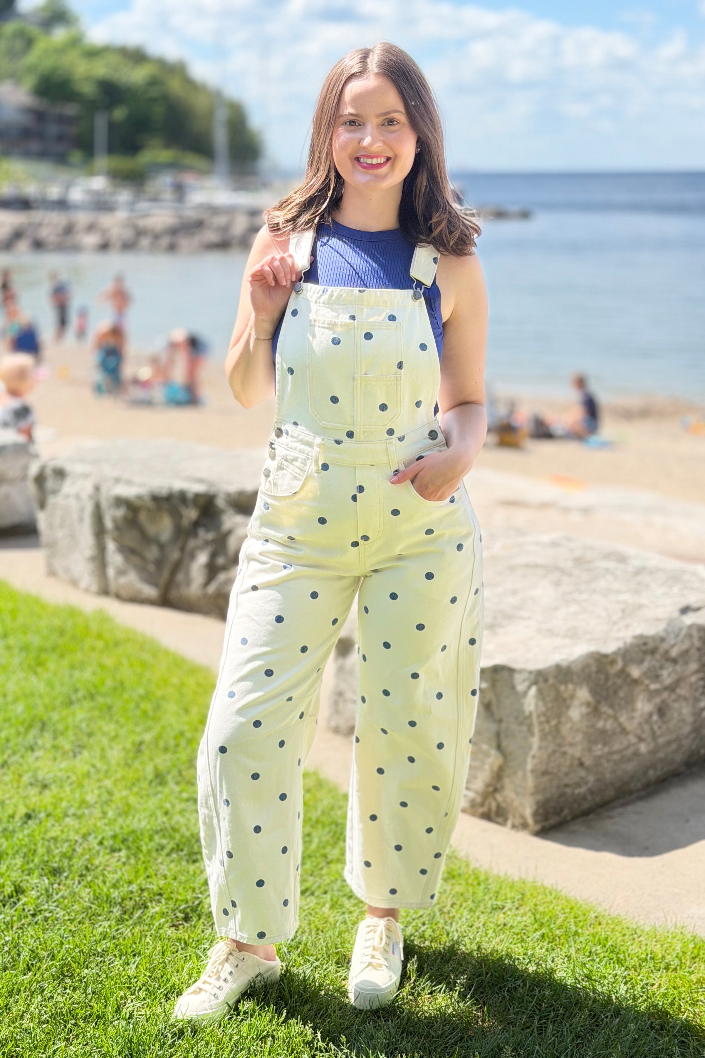 Relaxed Chic Polka Dot Overalls - Navy