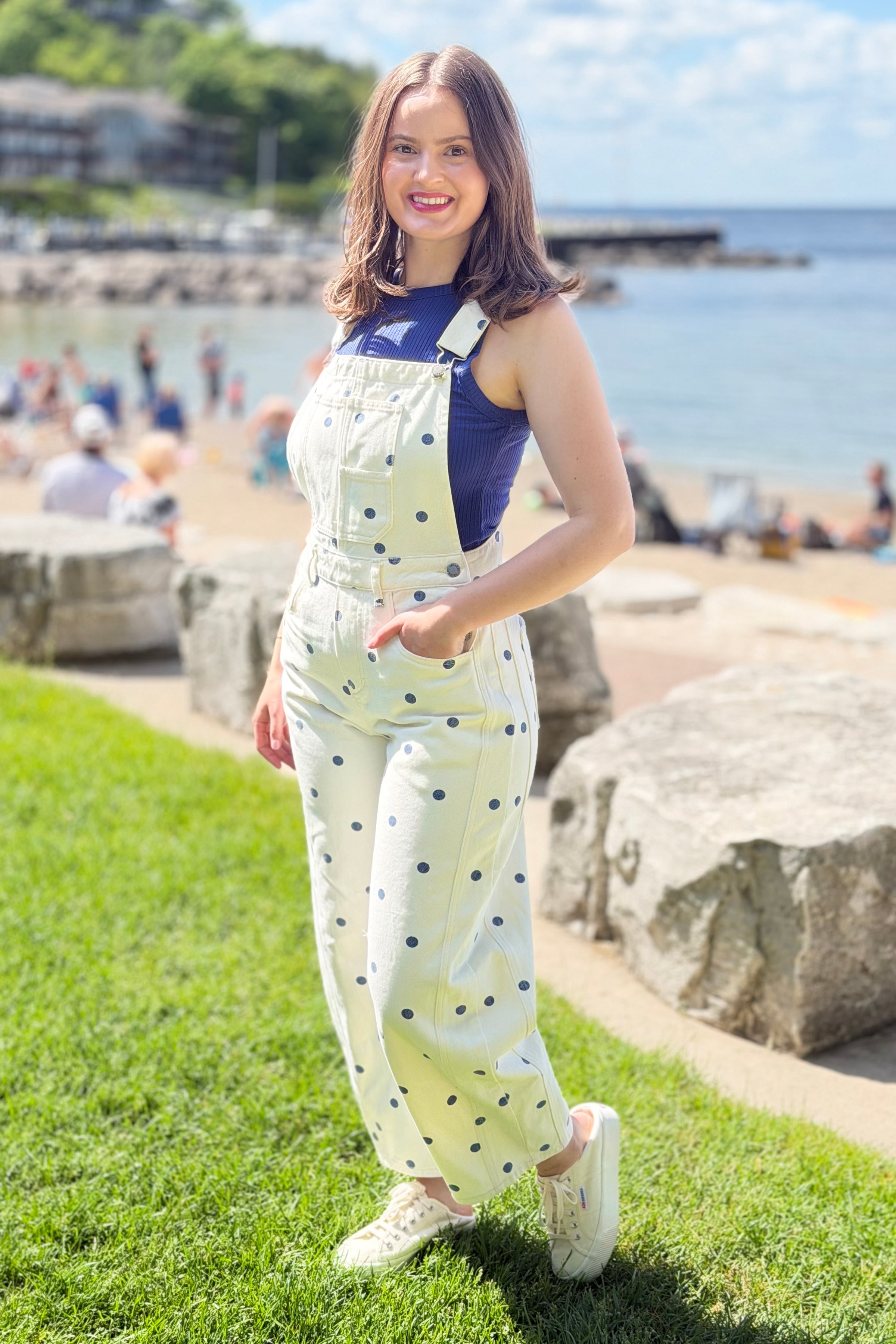 Relaxed Chic Polka Dot Overalls - Navy