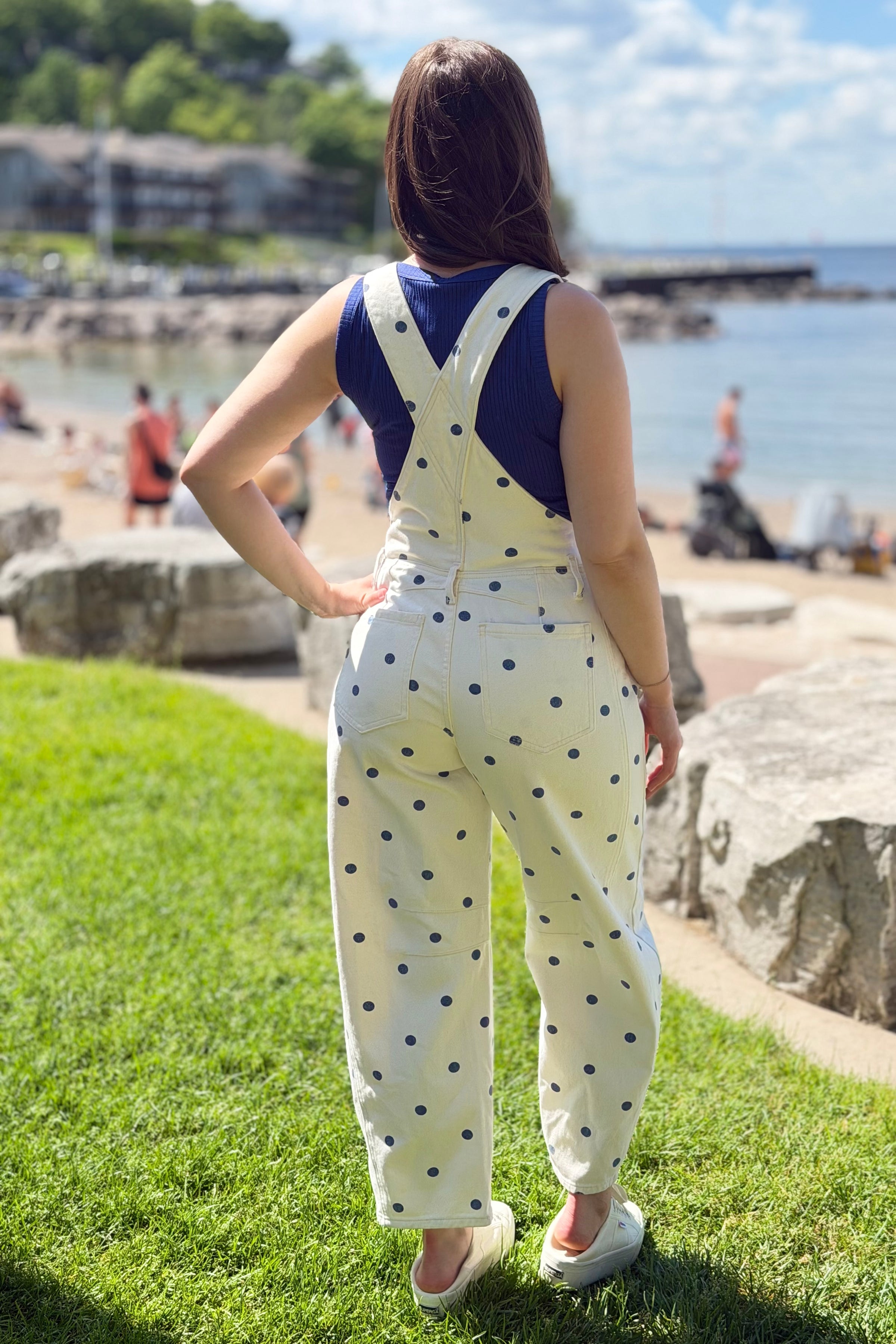 Relaxed Chic Polka Dot Overalls - Navy