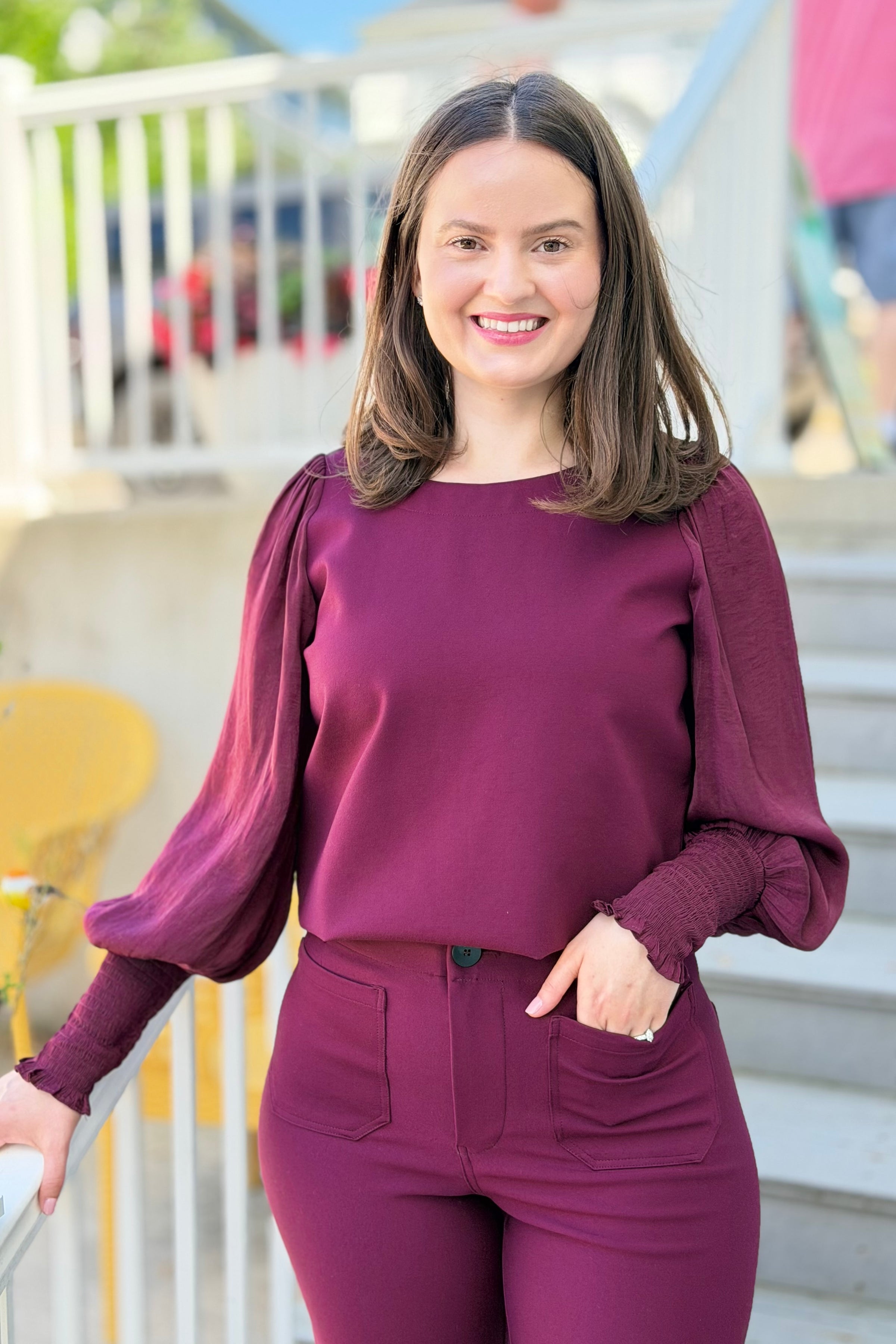 Scoop Neck Smocked Sleeve Top - Wine