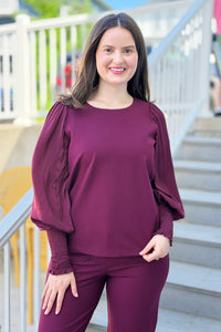 Scoop Neck Smocked Sleeve Top - Wine