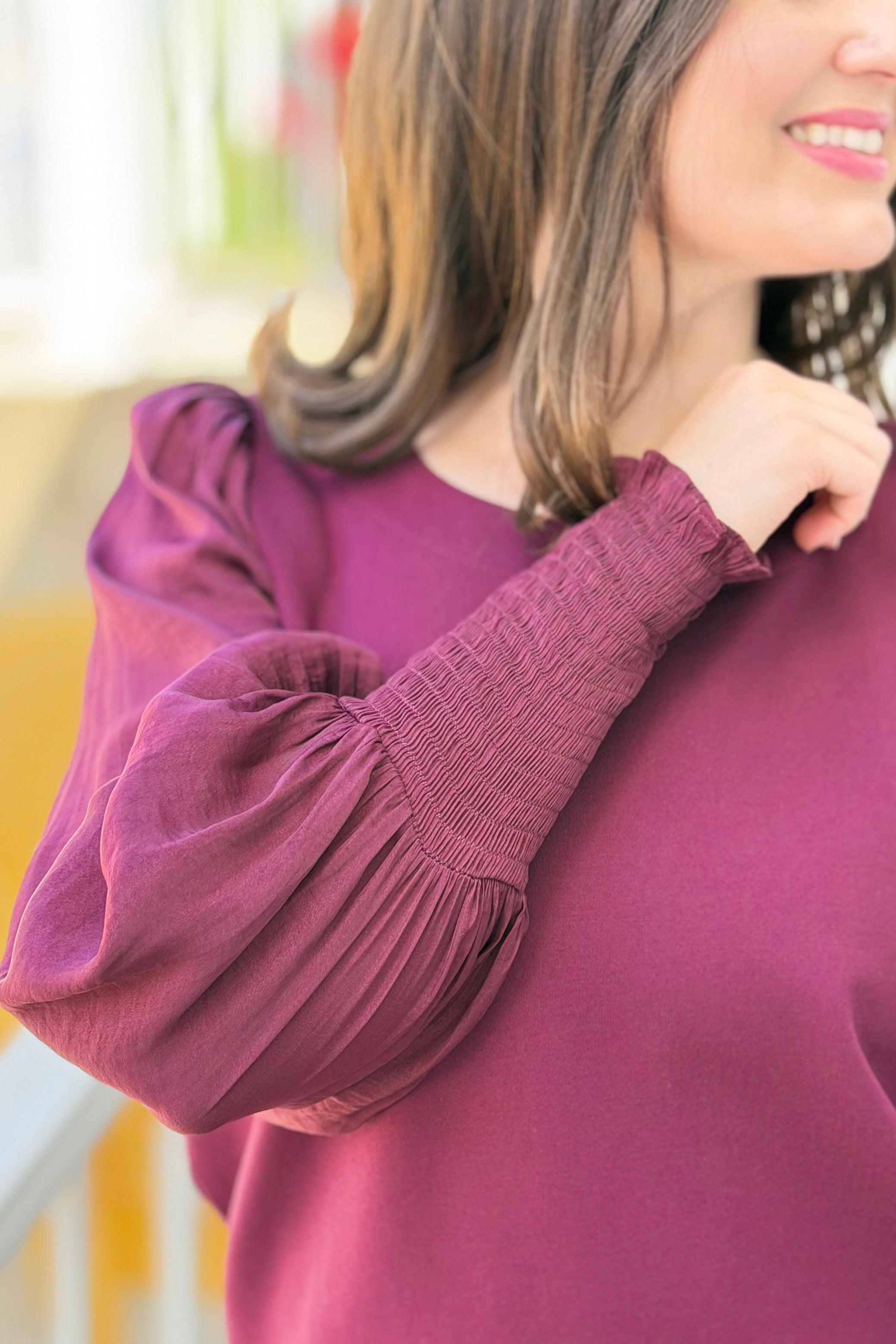 Scoop Neck Smocked Sleeve Top - Wine