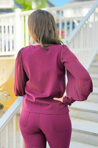 Scoop Neck Smocked Sleeve Top - Wine